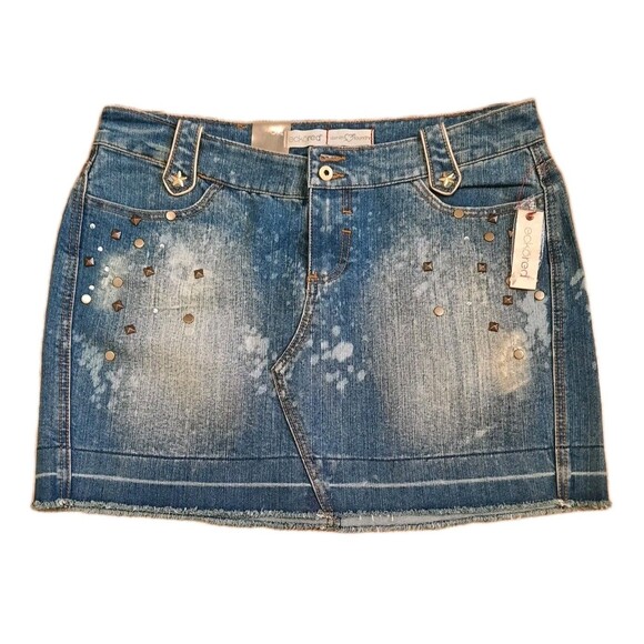 NEW Vtg Y2k Ecko Red Denim Jean Low Rise Mini Skirt Rivet Distress Frayed Hem 11 - Picture 1 of 8